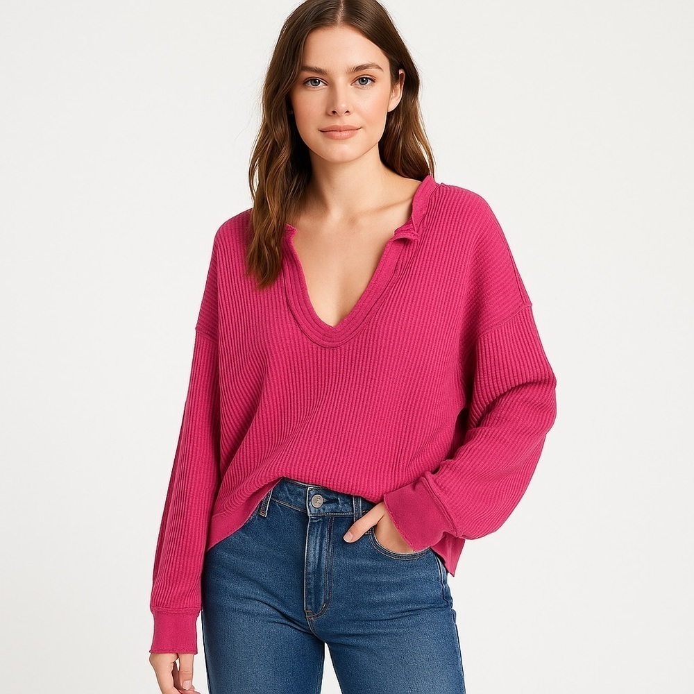 Free People We The Free Buttercup Thermal Oversized Waffle Top Fuchsia Pink L